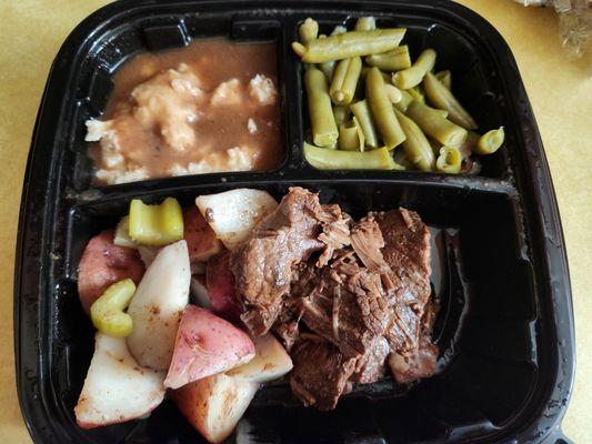 Pot roast,  potatoes,  celery, mashed potatoes with gravy and green beans