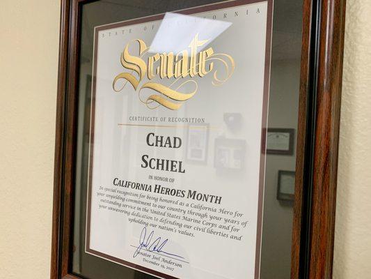 CA Senate Certificate in recognition of Chad Schiel for his volunteer work with Veterans and young military families.