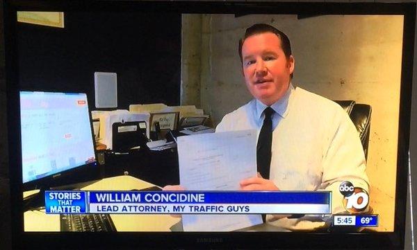 Attorney William Concidine speaking as a ticket expert on Channel 10 News about traffic tickets in San Diego County.