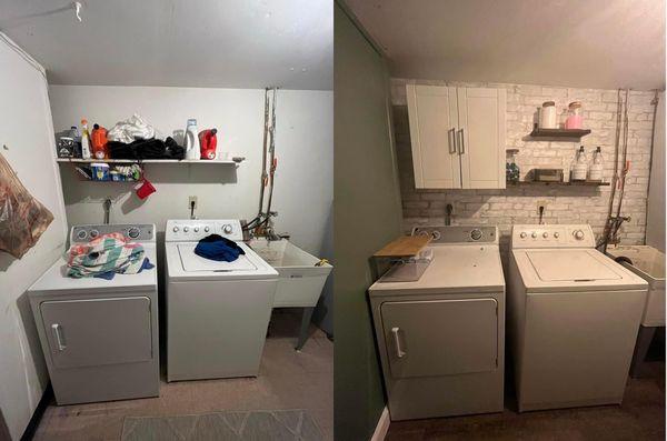 Laundry room update. New flooring, trim, paint, and wallpaper