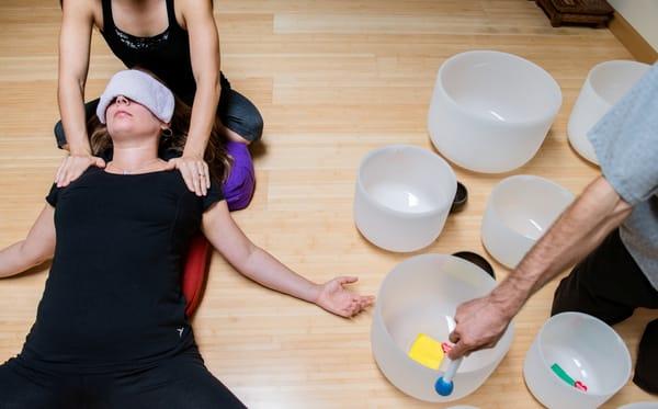 Crystal Singing Bowls playing during Restorative Yoga.  Look at our Events page on our website for more info.