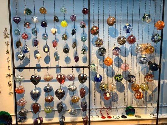 Witch Balls, small and large. Hand blow glass for Eastern Europe. Glass hearts, large and small