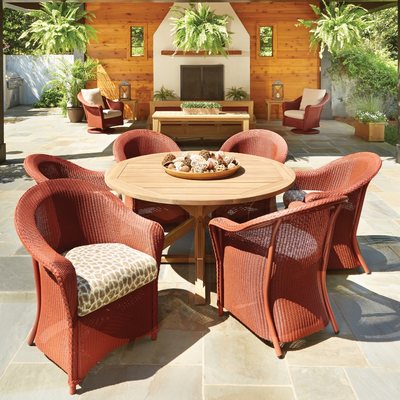 Lloyd Flanders Reflections Patio Wicker Dining Chairs and Round Teak Dining Table