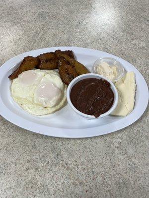 Eggs plaintain refried beans cheese and sourcream