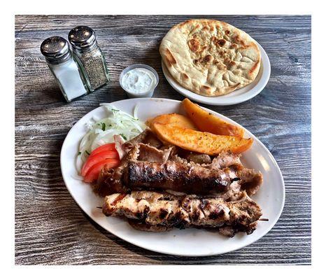 Gyros Combo Plate! (Gyros Meat,One Souvlaki,Greek Sausage.Pita Bread Onions,Tzatziki & Greek Potato)! Pretty Good! CENTRAL GYROS RESTAURANT!