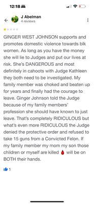 Review of Ginger West Johnson DANGEROUS attorney that promotes domestic violence