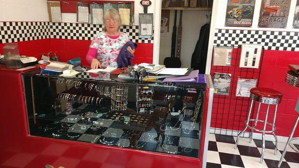 Kathy and her jewelery counter.