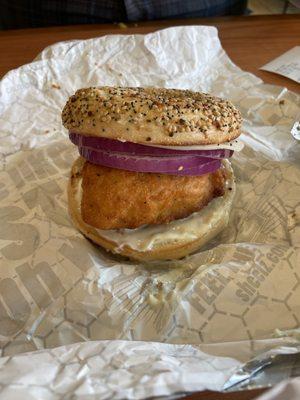 Chicken sandwich on an everything bagel