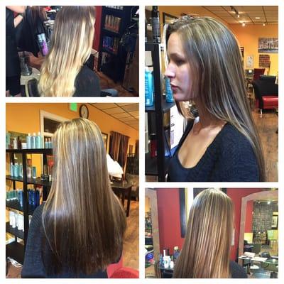 Before and after of an old ombré taken back to natural level with babylights across the top