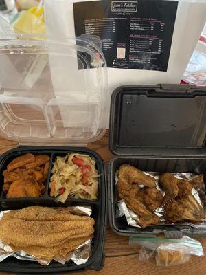 Fried basa platter with candied yams and cabbage, with an order of fried wings.