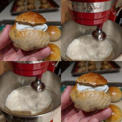 Laskiaispulla (Shrove Tuesday bun -- cardamom bun filled with marzipan and whipped cream)