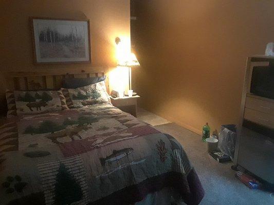 Room with 1 full sized bed, mini fridge, and microwave