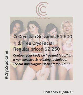 Packaged Cryo Deal. Buy a 5 pack for $1500 + 1 Free cryoskin facial (reg $2,250) Save $750!