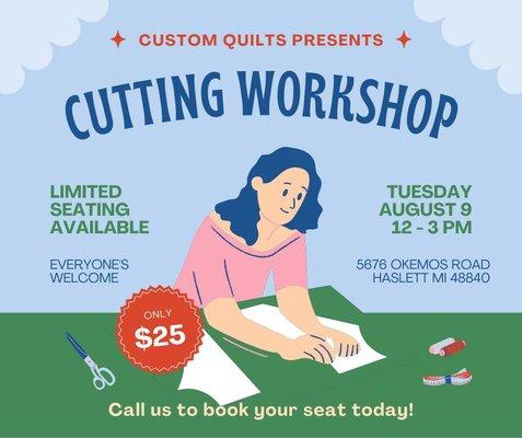 Join us for our Cutting 101 workshop.  Learn how to cut stressfree! We will show you how to control your ruler and cut perfect strips.