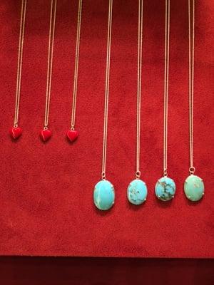 Red hearts and turquoise.