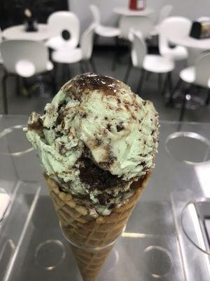 A mint lover's paradise! Fresh mint ice cream loaded with Andes® Candies and Grasshopper® cookies spun off with a chocolate fudge swirl.