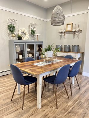 Locally handmade table and matching buffet. Gray glass piece was painted by our team.