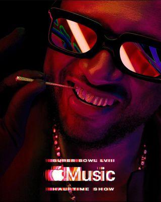 Usher wears grillz by ALLIGATORJESUS in the Super Bowl LVIII Halftime show announcement by Apple and the NFL.