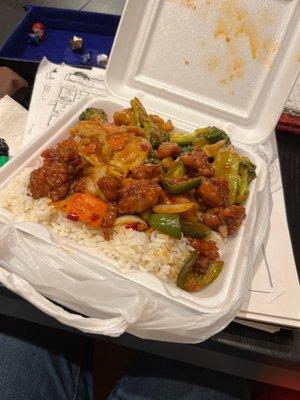 Three entree box: broccoli chicken, spicy chicken, veggies with white rice