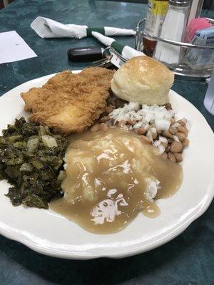 Fried Flounder, Turnip Greens, Pinto Beans w/ Rice & Gravy