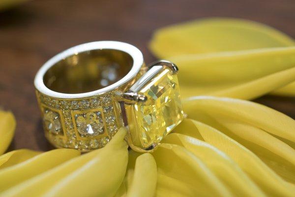 Major 14.9 ct intense canary yellow diamond. Thank you to our client for trusting us with creating this statement piece.