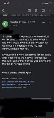 cynthia accidentally emailed me , saying she does not want to work with me & her husband fears for her safety .