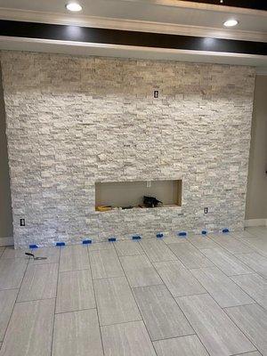 Natural Stone feature Wall, 
 call us for estimate 205-534-4692 or 205-467-8192
 #natural #stone #Tile #livingroom #wall #