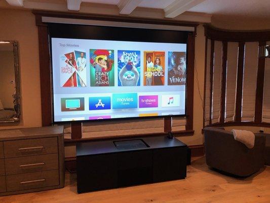 Epson Ultra short through projector, Salamander custom cabinet, Screen Innovations projector screen.