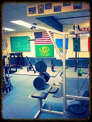 Multiple powerlifting platforms, plenty of strength equipment