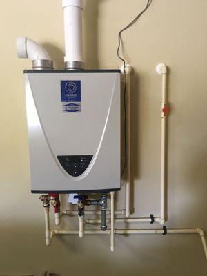 Retrofitted from tank type heater to a condensing tankless unit.