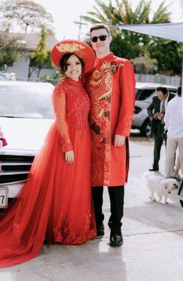 Bridal ao dai and hat. Grooms outfit.