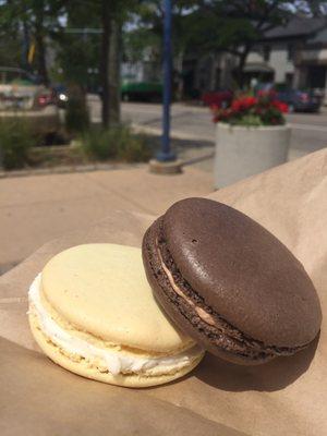 Brown butter pecan and chocolate malt macarons ($2.25 each)