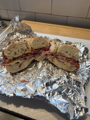 Pastrami Egg and cheese on everything bagel