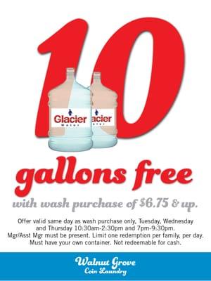 Get 10 gallons of Glacier Drinking Water with wash purchase of $6.75 & up.