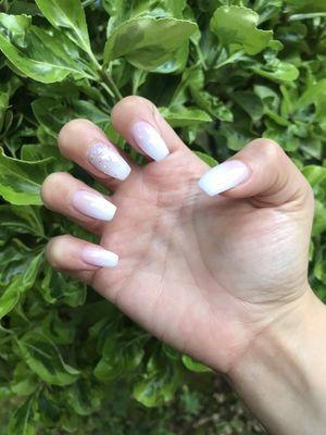 SNS manicure, nude to white ombré, coffin shaped