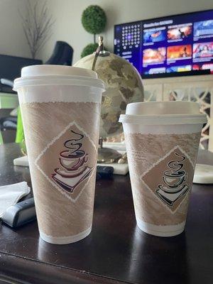 Large and medium caramel lattes