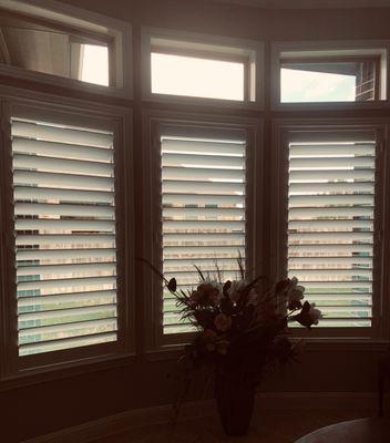 4 1/2" full view wood shutters on bay window.