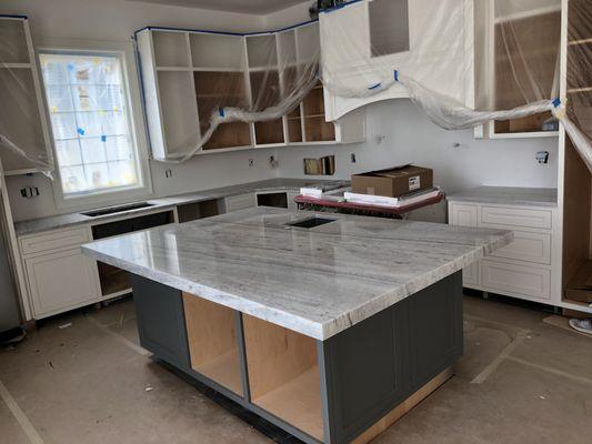 Sky White Granite Kitchen With Double Lamination on Island