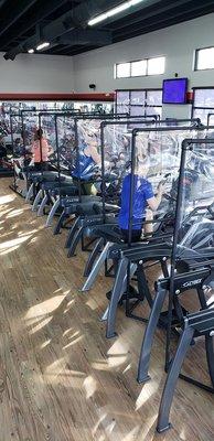 Some of the many cardio equipment with dividers