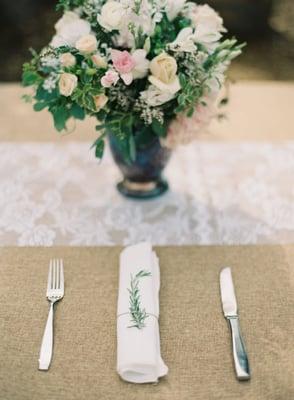 Rosemary picked from Denise's (owner of Lobo Castle Productions) yard the night before our wedding and tied to 150 napkins.