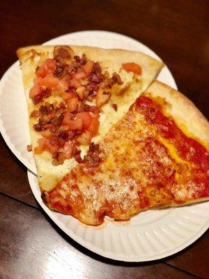 Tomato Bacon White Pizza + Cheese Pizza