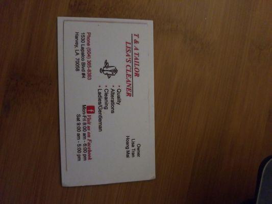 Business card with hours and address info