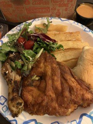 Grilled and fried chicken salad W/ yuca fries...