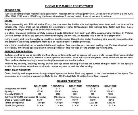 E-Bond 1285 Epoxy System is our most popular Marine System because of it's easy to use 2:1 mixing ratio with various hardeners available.