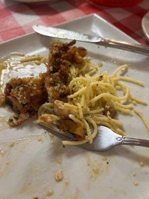 Chicken Francesca with spaghetti ( sorry it was so good I started eating quickly!)