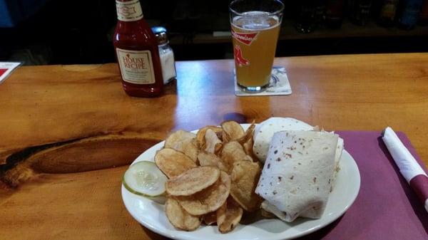 Buffalo Chicken wrap (fried) with house chips. Recommend the dish, except not much buffalo flavor.