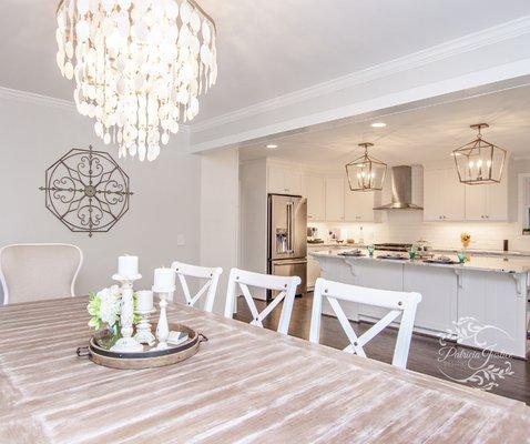 Transitional Farmhouse Dining Room, chandelier, modern kitchen