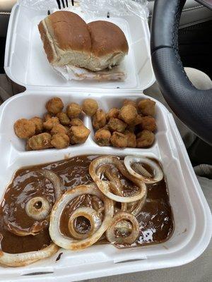 Hamburger steak dinner with okra