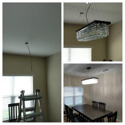 Repositioned light fixture 
Chandelier assembly and installation
Covered old outlet with cover plate