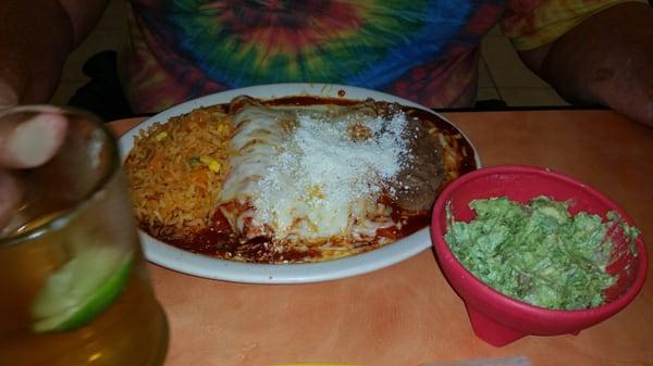 Enchiladas one red pork 1 cheese with beans and rice excellent! Fresh made guacamole was great also!